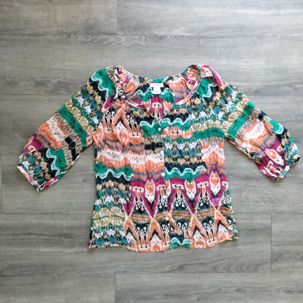 Lucky Brand Size Small V Neck 100% Rayon Button Down Sheer Blouse Top Aztec Boho